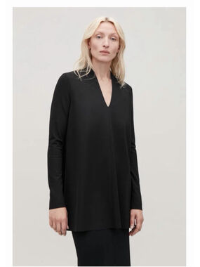 COS Womens Black V Neck Draped Front Long Sleeve Tunic Top Raw Hems Black Small